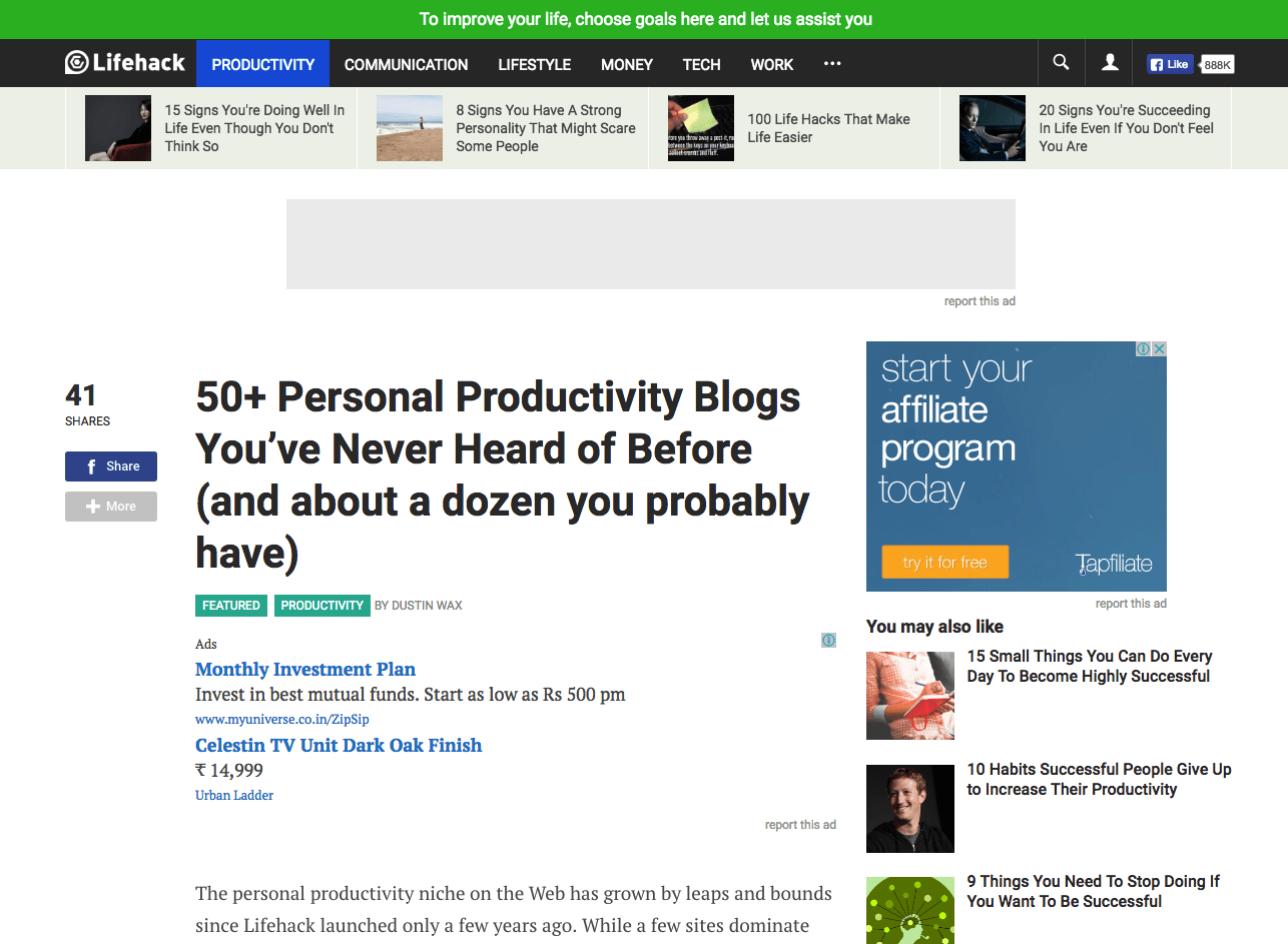 Productivity niche blog: Lifehack.