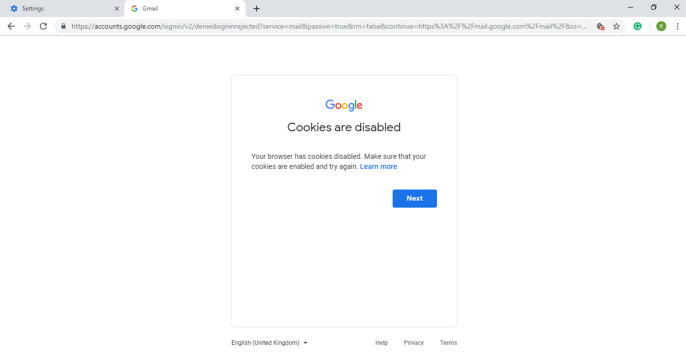 Chrome cookies error